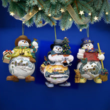 Load image into Gallery viewer, The Ashton-Drake Galleries Memories of Christmas Snowman Ornament Collection Issue #6 Set of 3 Christmas Decoration by Thomas Kinkade 4-inches - RCE Global Solutions