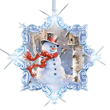 Load image into Gallery viewer, The Bradford Exchange Radiant Joys of the Season Ornament Collection Issue #1 Holiday Delights Set of 3 Handcrafted Illuminated Christmas Window Ornaments with Snowman Portraits & Winter Wildlife by Dona Gelsinger 15.5-Inches - RCE Global Solutions