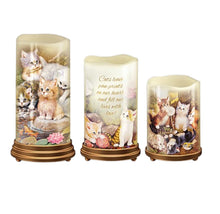 Load image into Gallery viewer, The Bradford Exchange Paw Prints On Your Heart Candle Set of 3 Flameless LED Candles with Kitten Art with Timer, Remote & Stands Cat Lover Home Décor Gift by Jürgen Scholz 6-Inches - RCE Global Solutions