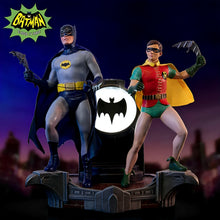Load image into Gallery viewer, The Bradford Exchange BATMAN Classic TV Series Sculpture Masterpiece Handcrafted and Hand-Painted 1966-1968 TV Series Tribute with DYNAMIC DUO™ Atop GOTHAM CITY™ Police Department BAT-SIGNAL™ Illuminated Pose 10" W x 10" H x 7" D - RCE Global Solutions