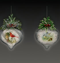 Load image into Gallery viewer, The Bradford Exchange Winter Wildlife Ornament Collection Issue #1 Winter Pair and Chickadees and Pinecones Handcrafted Glass Ornaments with Frosted Finish, LED Illumination & Festive Accents Christmas Decorations by Hautman Brothers 4-Inches - RCE Global Solutions