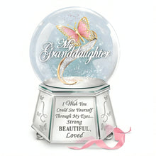 Load image into Gallery viewer, The Bradford Exchange See Yourself Through Granddaughter Mirrored Musical Butterfly Glitter Globe Shimmers Silvery & Hexagonal Base Meaningful Gift 6-inches
