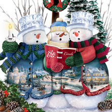Load image into Gallery viewer, The Bradford Exchange "A Caroling We Will Go" Crystal Snowman Trio Illuminated Hand-crafted Sculpture Christmas Decoration with Holiday Artwork by Thomas Kinkade 10-inches