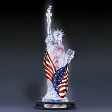 Load image into Gallery viewer, The Bradford Exchange Freedom's Light Endures Sculpture Collection Issue #2 Illuminated Handcrafted Crystal-Clear Resin Statue of Liberty with Real Fabric American Flag Patriotic Changing Colors Glossy Black Base with Etched Silvery Title Plaque 8-inches - RCE Global Solutions