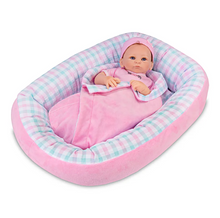 Load image into Gallery viewer, The Ashton-Drake Galleries Reversible Pink & Plaid Bassinet Baby Doll Accessory with A Matching Blanket - RCE Global Solutions