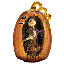 Load image into Gallery viewer, The Bradford Exchange Disney Tim Burton's Nightmare Before Christmas Illuminated Glass Pumpkin Sculpture Collection Issue #2 All Hail the Pumpkin King With Authentic Movie Character Artwork, LED lights, Glitter Accents Halloween Decor 9-inches