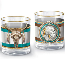 Load image into Gallery viewer, The Bradford Exchange Pride of The West Decanter and Glass Set Native American Indian Western Buffalo Nickel Inspired Collection with 12K Gold Rims in Satin Gift Box 5 Pieces - RCE Global Solutions