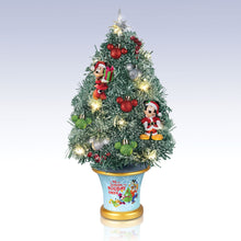 Load image into Gallery viewer, The Bradford Exchange Disney Tis the Season Tabletop Christmas Tree Mickey Mouse Minnie Mouse Pre Lit LED Holiday Decor Always in Bloom Pine Boughs Timer Lights 14-Inches