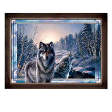 Load image into Gallery viewer, The Bradford Exchange Twilight Gathering Guardians of the Wild Wall Decor Collection Issue #1 Illuminated Stained-Glass Wolf Pack Series Expertly Fused Genuine Glass with Rustic Wooden Frame and Remote-Controlled LED Lighting by James Meger 8-inches - RCE Global Solutions