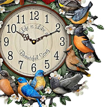 Load image into Gallery viewer, The Bradford Exchange Songbird Melodies Wall Clock with Sculpted and Hand-Painted Resin Birds with Wooden Frame Plays 12 Authentic Bird Songs Hourly Featuring 12 Bird Species and Floral Accents 12" D - RCE Global Solutions