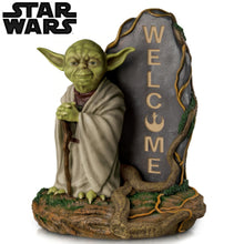 Load image into Gallery viewer, The Bradford Exchange Star Wars Master Yoda Solar Lit Welcome Sign Hand Painted Yoda Statue LED Light Outdoor Indoor Decor UV Water Resistant Light Sensing Panel 14-Inches