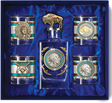 Load image into Gallery viewer, The Bradford Exchange Pride of The West Decanter and Glass Set Native American Indian Western Buffalo Nickel Inspired Collection with 12K Gold Rims in Satin Gift Box 5 Pieces - RCE Global Solutions
