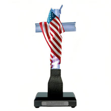 Load image into Gallery viewer, The Bradford Exchange Our Faith Endures Sculpture Collection Issue #6 Tribute to the World Trade Center Cross Crystal Clear Resin Handcrafted Illuminated American Flag and Gloss-Black Base Heirloom-Quality Artwork with Etched Silver Title Plaque 10-inches - RCE Global Solutions
