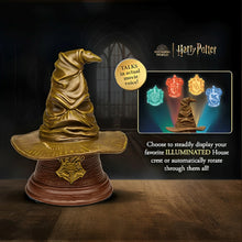 Load image into Gallery viewer, The Hamilton Collection HARRY POTTER SORTING HAT Sculpture with Movie Voice Illuminated House Crest Projection and Wood-Look Base Magical Wizarding World Collectible 6.75" W x 8" H x 6.75" D - RCE Global Solutions