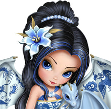 Load image into Gallery viewer, The Hamilton Collection Perfect Romance The Blue Willow Collection Issue #1 Hand Crafted & High Gloss Glaze with Genuine Swarovski Crystal Fairy Dragon Figurine by Jasmine Becket-Griffith 5.25-inches - RCE Global Solutions