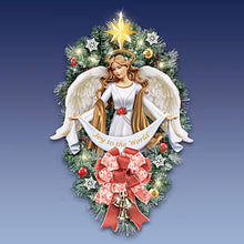 Load image into Gallery viewer, The Bradford Exchange Heavenly Angel Wreath Pre-Lit Teardrop Christmas Wreath with Sculpted Angel LED Lights 24-Hour Timer Joy to the World Banner Religious Christmas Decor 24-Inch