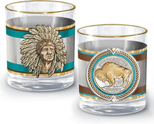 Load image into Gallery viewer, The Bradford Exchange Pride of The West Decanter and Glass Set Native American Indian Western Buffalo Nickel Inspired Collection with 12K Gold Rims in Satin Gift Box 5 Pieces - RCE Global Solutions