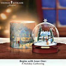 Load image into Gallery viewer, The Bradford Exchange Thomas Kinkade Scent-sational Holiday Treasures Flameless Snowglobe Candle Collection Issue #1 A Holiday Gathering Flameless Globe Candle Illuminated Holiday Glitter Globe with Scented Base Music and Hand-Painted Christmas Artwork 7"