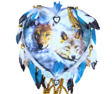 Load image into Gallery viewer, The Bradford Exchange True Hearts Dreamcatcher Collection Issue #3: 'Awakening Dreams' Wolf Artwork Heart-Shaped Resin Frame with Real Leather Feathers and Beads by Carol Cavalaris 9.5-Inches - RCE Global Solutions