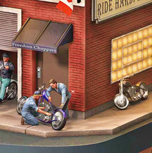 Load image into Gallery viewer, The Bradford Exchange Freedom Choppers Motorcycle Garage Cuckoo Clock with Canadian Flags Quartz Movement Light-Up Chopper Design Sculpted Eagle Piston Weights and Revving Motors Light Show on the Hour 17.25-inches - RCE Global Solutions