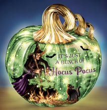 Load image into Gallery viewer, The Bradford Exchange Spooky Sights and Bright Lights Sculpture Collection: Hocus Pocus Pumpkin Issue #1 Handcrafted Glass Pumpkin with LED Lights by Dona Gelsinger 7-Inches - RCE Global Solutions