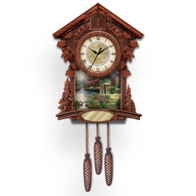 Load image into Gallery viewer, The Bradford Exchange Thomas Kinkade Timeless Moments Personalized Cuckoo Clock with Family Name Engraving and Seasonal Artwork 9-Inches
