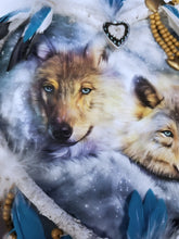 Load image into Gallery viewer, The Bradford Exchange True Hearts Dreamcatcher Collection Issue #3: 'Awakening Dreams' Wolf Artwork Heart-Shaped Resin Frame with Real Leather Feathers and Beads by Carol Cavalaris 9.5-Inches - RCE Global Solutions