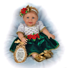 Load image into Gallery viewer, The Ashton-Drake Galleries My First Christmas Baby Doll Collection Issue #2: "Holly" Handcrafted Doll with Limbs Emerald Velvet Dress with Satin Yoke and Golden Faux Pearls and Keepsake Gold-Toned Ornament Picture Frame Realistic Design by Ping Lau 17" - RCE Global Solutions