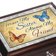 Load image into Gallery viewer, The Bradford Exchange Forever My Sister, Always My Friend Music Box with Poem Card Handcrafted Mahogany-Finished with Butterfly Art Plays "You Are My Sunshine" 4-inches - RCE Global Solutions