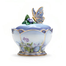 Load image into Gallery viewer, The Bradford Exchange Whispering Wings Porcelain Sapphire Glass Jeweled Music Box With Butterfly Handle Landing Upon a Flower by Artist Lena Liu Plays the Song On The Wings of Love 4"-Inches - RCE Global Solutions