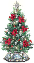 Load image into Gallery viewer, The Bradford Exchange Thomas Kinkade Warm Glow Of Christmas Floral Holiday Tree Decoration with Stained Glass Illuminated Artwork Base Poinsettas Silver Ornaments Garland and Timer LED Lit 18-Inches - RCE Global Solutions