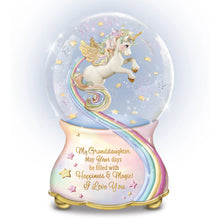 Load image into Gallery viewer, The Bradford Exchange Granddaughter You Are Magical Unicorn Glitter Globe Heirloom Porcelain® Handcrafted Hand-Painted and Plays 'Beautiful Dreamer' Melody and 22-Carat Gold Accents A Perfect Gift for Granddaughters Collectible Keepsake 6-inches - RCE Global Solutions