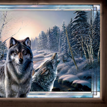 Load image into Gallery viewer, The Bradford Exchange Twilight Gathering Guardians of the Wild Wall Decor Collection Issue #1 Illuminated Stained-Glass Wolf Pack Series Expertly Fused Genuine Glass with Rustic Wooden Frame and Remote-Controlled LED Lighting by James Meger 8-inches - RCE Global Solutions