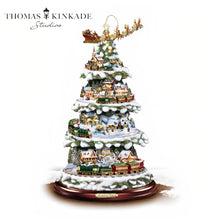 Load image into Gallery viewer, The Bradford Exchange Thomas Kinkade Wonderland Express Christmas Tree Decoration With Santa Sleigh Topper Lights Moving Train and Music With 8 Beloved Xmas Carols 16"-Inches - RCE Global Solutions