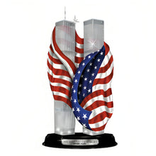Load image into Gallery viewer, The Bradford Exchange World Trade Center Tribute Towers We Will Never Forget Collection Issue #1 Illuminated Sculptures Handcrafted Crystal Clear Resin Sculptures with Real Fabric American Flag Glossy Black Base with Silver-Finish Title Plaque 10-inches - RCE Global Solutions