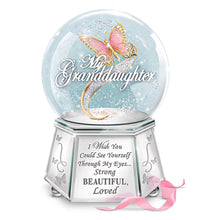 Load image into Gallery viewer, The Bradford Exchange See Yourself Through Granddaughter Mirrored Musical Butterfly Glitter Globe Shimmers Silvery & Hexagonal Base Meaningful Gift 6-inches