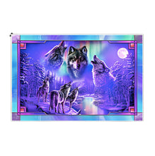 Load image into Gallery viewer, The Bradford Exchange Aurora Borealis Illuminated Stained Glass Wall Decor Featuring Wolf Art With A Dramatic Built-In Lighting Effect Of Color Changing Violet, Green & Blue Lights by James Meger 20-inches - RCE Global Solutions