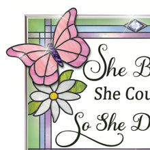 Load image into Gallery viewer, The Bradford Exchange She Believed She Could Suncatcher Handcrafted Blossoms and Butterfly Inspirational Home Decor Designs and Perfect Gift for Strong Women Stained Glass Artwork Inspired by Louis Comfort Tiffany 7" L x 5" H - RCE Global Solutions