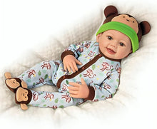Load image into Gallery viewer, The Ashton-Drake Galleries Lucas Monkey-Themed Lifelike Baby Doll RealTouch® Vinyl Poseable Weighted Cloth Body Hand-rooted Hair by Linda Murray 18-inches