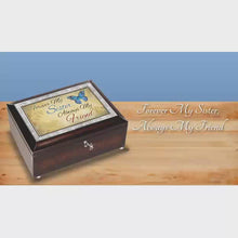 Load and play video in Gallery viewer, The Bradford Exchange Forever My Sister, Always My Friend Music Box with Poem Card Handcrafted Mahogany-Finished with Butterfly Art Plays "You Are My Sunshine" 4-inches