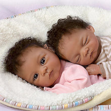 Load image into Gallery viewer, The Ashton - Drake Galleries Jayda and Jayden Lifelike So Truly Real® African American Black Baby Twin Dolls Poseable in Bunting with Soft RealTouch® Vinyl Skin by Doll Artist Waltraud Hanl 13"-Inches - RCE Global Solutions