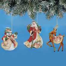 Load image into Gallery viewer, The Bradford Exchange Holiday Delights Christmas Ornaments Santa Snowman Reindeer Decorations Set of 3 by Artist Lena Liu - RCE Global Solutions