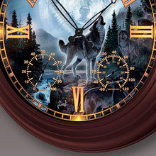 Load image into Gallery viewer, The Bradford Exchange Al Agnew Majestic Presence Wolf-Themed Outdoor Illuminated Atomic Wall Clock - RCE Global Solutions