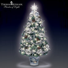 Load image into Gallery viewer, The Bradford Exchange Thomas Kinkade Winter Splendor Floral Tabletop Christmas Tree Decoration Adorned with Ornaments Holly Leaves Mistletoe Pearl White Berry Picks 30 LED Lights 24hr Timer 26-Inches - RCE Global Solutions