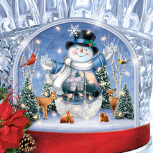 Load image into Gallery viewer, The Bradford Exchange Let It Snow Illuminated Musical Crystal Top Hat Masterpiece Snowman Sculpture with Cardinal Deer Rabbit Animal Friends Christmas Decor by Thomas Kinkade 7.25-inches - RCE Global Solutions