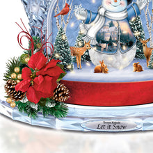 Load image into Gallery viewer, The Bradford Exchange Let It Snow Illuminated Musical Crystal Top Hat Masterpiece Snowman Sculpture with Cardinal Deer Rabbit Animal Friends Christmas Decor by Thomas Kinkade 7.25-inches - RCE Global Solutions