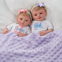 Load image into Gallery viewer, The Ashton - Drake Galleries Lifelike Poseable Twins "Hope and Faith" Baby Dolls Set with Purple Baby Bunting by Mayra Garza 14-inches - RCE Global Solutions