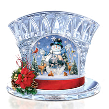 Load image into Gallery viewer, The Bradford Exchange Let It Snow Illuminated Musical Crystal Top Hat Masterpiece Snowman Sculpture with Cardinal Deer Rabbit Animal Friends Christmas Decor by Thomas Kinkade 7.25-inches - RCE Global Solutions