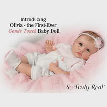 Load and play video in Gallery viewer, The Ashton - Drake Galleries Olivia's Gentle Touch Lifelike So Truly Real® Interactive Baby Girl Doll Curls Her Hand With Touch Weighted Fully Poseable by Master Doll Artist Linda Murray 22"-Inches