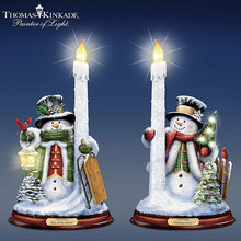 Load image into Gallery viewer, The Bradford Exchange All Is Bright Illuminated Flameless Candleholder Set Snowman Sculptures by Thomas Kinkade 5-1/8"W x 9"H - RCE Global Solutions